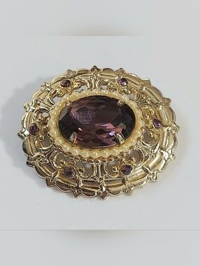 Coro Vintage Brooch with Amethyst Center and Pearl Halo